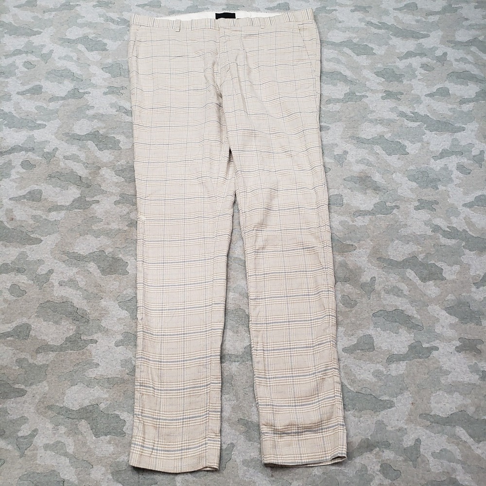 ASOS Pants Mens 38x34 Beige Pockets‎ Flat Front Check Plaid Straight Leg